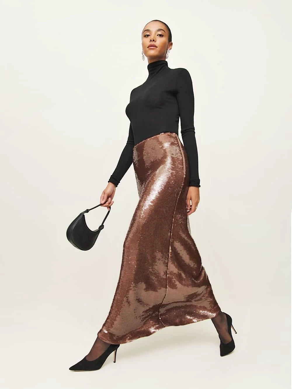 Reformation Gabriella Sequin Maxi Skirt in Brown